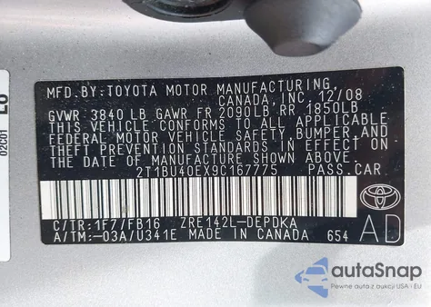 2009 Toyota Corolla Le z USA, uszkodzony, nr VIN 2T1BU40EX9C167775